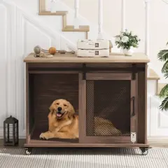 37" Dog Crate, Farmhouse Dog Crate Furniture with Sliding Barn Door, Flip Top Wooden Dog Kennel End Table with Wheels and Movable Divider