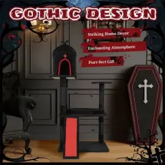 Angel Sar 53" Gothic Cat Tree with Coffin Bed Large Cat Tower with Spider Toys and Scratching Board Red Black Cat Furniture for Large Cats
