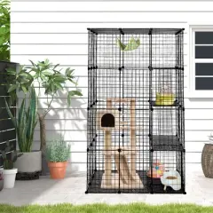 AZL1 Life Concept Pet Crates and Houses 3-Tier Cat Cage with Vertical Platforms and Secure Metal Mesh for Indoor Outdoor Use, Black, 42"*42"*72"