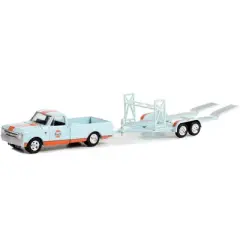 1968 Chevrolet C-10 Shortbed Truck Light Blue and Orange and Tandem Car Trailer "Gulf Oil" 1/64 Diecast Model Car by Greenlight
