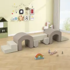 TopComfy Baby and Toddler Learning Toy Indoor Soft Foam Climber Play Set 7 in 1 for Active Play, Coffee, 32.09"*20.67"*18.5"