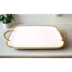 Classic Touch Porcelain White Tray with Gold Beaded Borders and Handles, 19"L