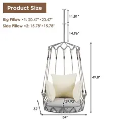 Outdoor Porch Swing Chair Hanging Basket, Patio Swing Chair with Cushion, Hanging Porch Swing for Backyard Garden Balcony, Hold Up to 300 LBS