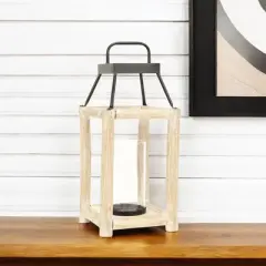 HomeRoots 18" Black And Natural Distressed Glass Metal And Wood Tabletop Lantern Candle Holder