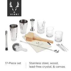 Viski 17-Piece Bar Tools Bartender Tool Kit - Cocktail Making Kit - Bartending Supplies with Shakers and More Set of 17, Silver