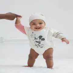 Disney Minnie Mouse Mickey Mouse Winnie the Pooh Baby French Terry Oversized Long Sleeve Bodysuit and Hat Newborn to Infant 