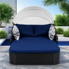 FURNIinspire Patio Chaise Lounges Outdoor Sunbed With Adjustable Canopy, Patio Chaise Lounge, Black Wicker Daybed And Blue Cushion, 79.9&ldquo;*52.4"*49.6"