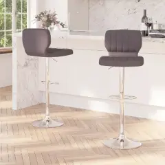 Merrick Lane Set of Two Swivel Bar Stools in Charcoal Fabric with Vertical Stitched Back and Adjustable Chrome Base with Footrest