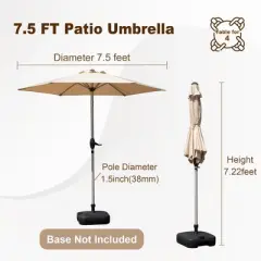 DOMETOUR 7.5FT Patio Umbrella, Outdoor Table Umbrella with Tilt, Crank, UV Protection, Waterproof, 6 Ribs for Garden/Deck/Pool (Beige)