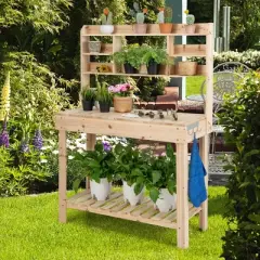 Costway Potting Bench Table Wooden Garden Work Bench Platform with Display Rack Hidden Sink