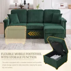 Mocamel Corduroy L-Shaped Sofa Pull-Out Storage Ottoman Pillows 3-Seat USB Charging Cup Holder Convertible Design Living Room Apartment