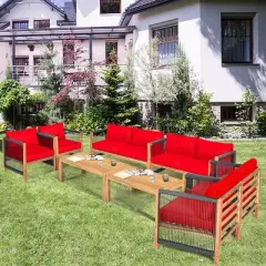 Costway 8 PCS Wood Outdoor Patio Furniture Set with Cushions White Red Cushion Cover Sets White+Red/Turquoise