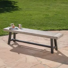 63'' Acacia Wood Outdoor Dining Bench, Light Gray Sandblast Finish with Rustic Black Metal Frame, Modern Patio Bench for Garden or Backyard&ndash;Cuddlewood