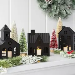 3pc Lit Metal House Decorative Christmas Figurine Set - Wondershop&trade; Black: Tabletop Indoor Decor, Battery-Powered