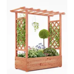 Raised Garden Bed With Trellis, Wood Planter Box With Side Trellis, Hanging Roof, and Drainage Holes, for Climbing Plants, Vines, Flowers