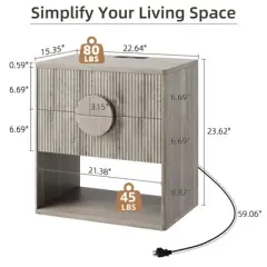 GustoWave Mid Century Modern Nightstand Set of 2, Fluted Night Stand with Charging Station,22.6" Wide Wood Bedside Table, Sofa End Table