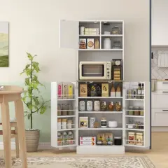 Gulches 66.5"H Pantry Cabinet with Microwave Stand - Freestanding Kitchen Hutch, 8 Door Shelves, Adjustable Shelves, White, 23.6"W x13.8"D
