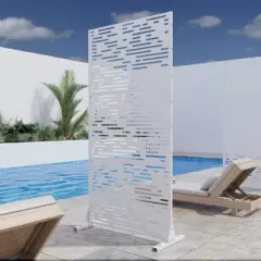 Pexfix 72 x 35 Inch Metal Privacy Screen Freestanding Outdoor Divider Panel For Patio Deck Balcony Heavy Duty Base Weatherproof White Light Shadow