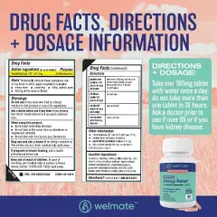 WELMATE 24 Hour Allergy Relief Tablets - Fexofenadine HCl 180mg 40ct