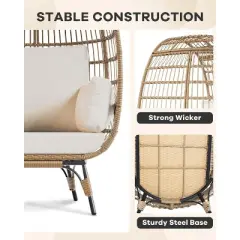Oversized Wicker Egg Chair with 4 Cushions, 360-Degree Swivel Indoor Outdoor Patio Lounge Chair with Sturdy Steel Frame for Porch, Living Room, Beige