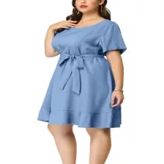 Agnes Orinda Women's Plus Size Belt Waist Ruffle Hem Chambray Shirt Dress