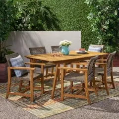 Christopher Knight Home Brookside Outdoor Acacia Wood and Wicker 7 Piece Dining Set, Teak/Mixed Mocha