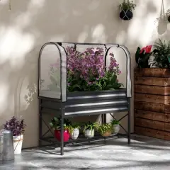 Outsunny Raised Garden Bed with Cover and Storage Shelf, Rectangular Metal Elevated Planter Box with Legs and Bed Liner
