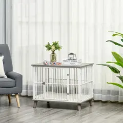 PawHut Dog Crate Furniture, Wooden End Table with Cushion & Lockable Door, Medium Size Pet Crate Indoor Puppy Cage, gray