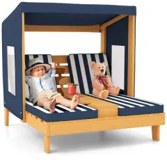 Costway Kids Double Chaise Lounge Patio Lounge Chair with Cup Holders & Awning Blue/Colorful/Brown