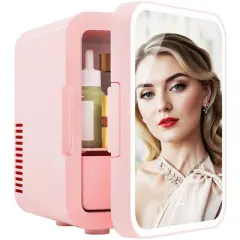 Simzlife 5L Mini Cooler & Warmer for Skincare & Cosmetic, AC/DC, Dimmable LED Mirror, for Bedroom/Car/Office, Portable Beauty Refrigerator, Pink/White