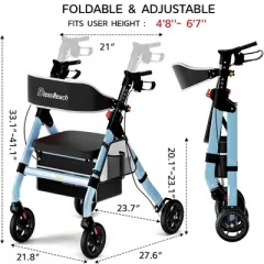 JUJABU Foldable Rollator Walker with 8" Wheels, 18" Seat, 6-Position Adjustable Height, Heavy-Duty Aluminum Frame for Seniors