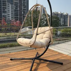 NAYSAYE Patio Swing Wicker Egg Chair with Stand Cushion and Cup Holder for Backyard and Garden Use, Beige and Brown, 38"*38"*78"