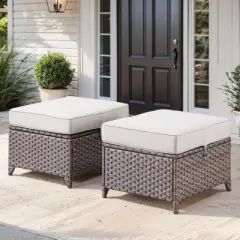 POCASSY Wicker Outdoor Ottoman, Patio Footstools with All Weather Brown Wicker and Polyester Olefin Cushion, 250lbs Load Capacity