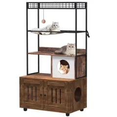 Cat Tree with Litter Box Enclosure, 60 inch Wooden Cat House Furniture with Storage Shelf, Sisal Hammock, Condo and Play Ball
