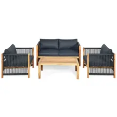 Tangkula 8PCS Acacia Wood Outdoor Patio Furniture Set Cushioned Sofa W/Nylon Rope Armrest