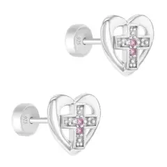 Girls' Love of God Heart Cross Push Back Sterling Silver Earrings - In Season Jewelry