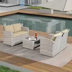 ELJGET 4PCS Patio Rattan Furniture Set Sectional Sofa Cushioned Garden Dark Gray