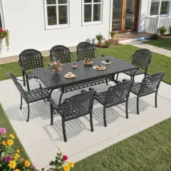 9-Piece Cast Aluminum Outdoor Dining Set: Rectangle Table, Stackable Chairs & Blue Cushions - All-Weather Patio Furniture for Your Backyard