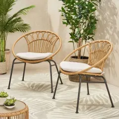 Banya 2pc Patio Wicker Chair with Cushions - Light Brown/Beige/Black - Christopher Knight Home: Outdoor Seating, PE Rattan, Metal Frame