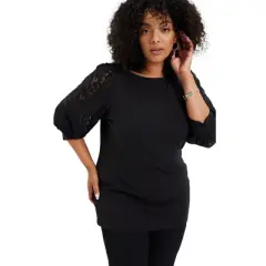 June + Vie by Roaman's Women&rsquo;s Plus Size Lace-Trim Boatneck Top