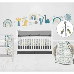 Bacati - Little Dino Boys Teal/Yellow Muslin 6 pc Crib Bedding Set with Crib Musical Mobile