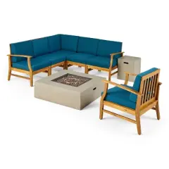 Christopher Knight Home Illona Outdoor Acacia Wood 6 Seater Sectional Sofa and Club Chair Set with Fire Pit