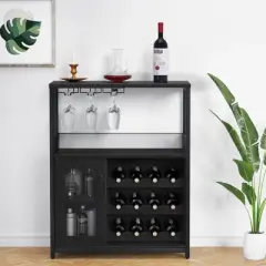 Whizmax Wine Bar Cabinet with Detachable Rack, Glass Holder, Small Sideboard and Buffet Mesh Door, Wine Rack