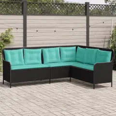 vidaXL Outdoor L-Shaped Garden Sofa - Black Poly Rattan Patio Couch with Turquoise Cushions - 87"x64.2"
