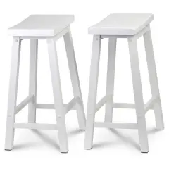 PJ Wood Classic Saddle-Seat 24" Tall Kitchen Counter Stools for Homes, Dining Spaces, and Bars w/Backless Seats, 4 Square Legs, White (8 Pack)