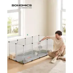 SONGMICS Pet Playpen with Floor, Small Animal Pen, Pet Fence Indoor, DIY Plastic Enclosure, 57.1 x 28.3 x 22.4 Inches, Clear