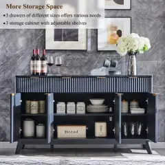 60" Buffet Sideboard Cabinet, Fluted Coffee Bar Table with 3 Drawers & 4 Doors, Modern Sideboard for Dining Room, Living Room