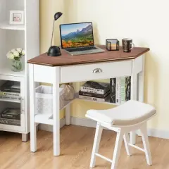 Costway Triangle Computer Desk Corner Office Desk Laptop Table w/ Drawer Shelves Rustic Natural &White