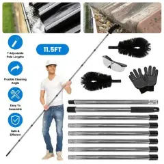 11.5FT Gutter Cleaning Brush W/ Telescoping Handle Rain Gutter Cleaner Extendable From The Ground with 2 Angled Brushes Anti-slip Gloves Goggles
