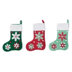 Transpac Felt Cottage Snowflake Stocking Set of 3 Christmas Home Decorations Holiday Stockings for Festive Cheer